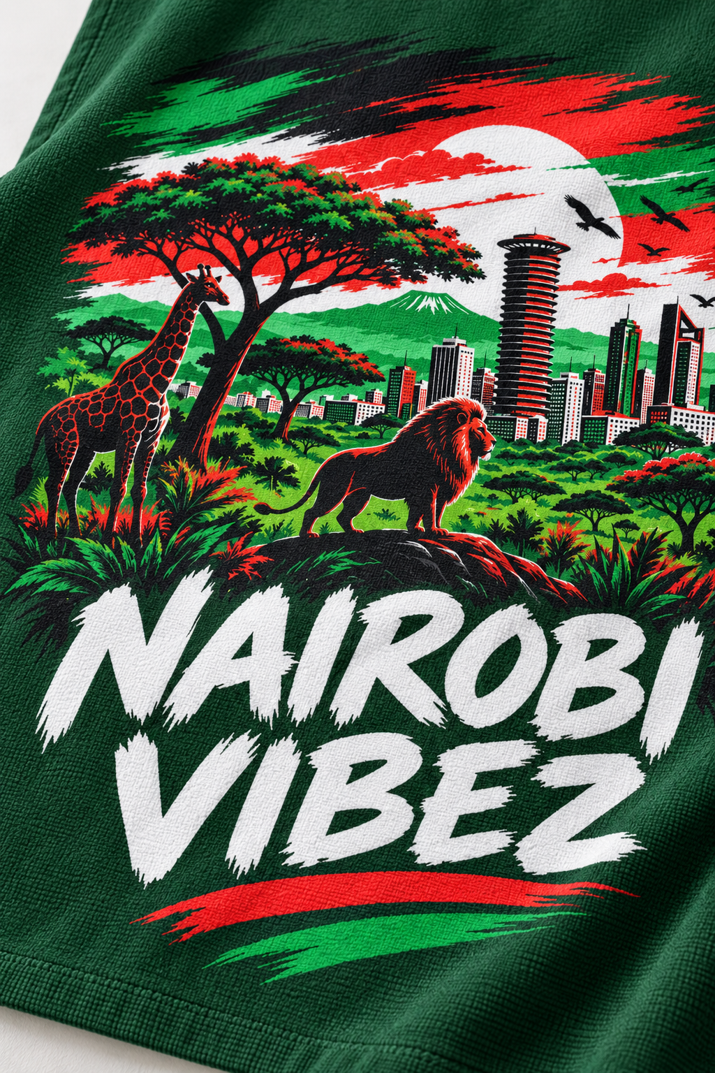 Nairobi Vibez Beach Towel | Kenya Safari Skyline, Giraffe & Lion Design