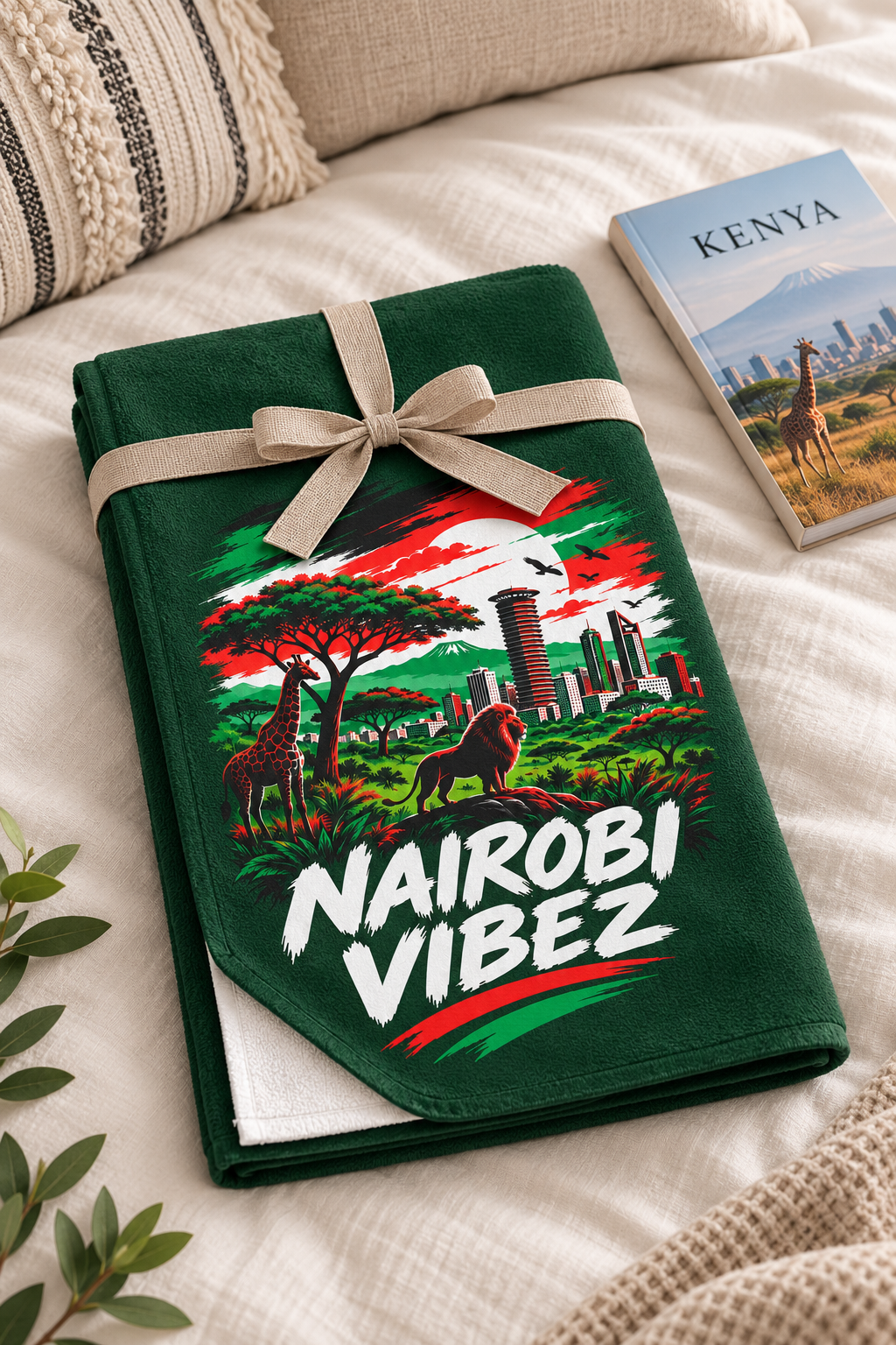 Nairobi Vibez Beach Towel | Kenya Safari Skyline, Giraffe & Lion Design