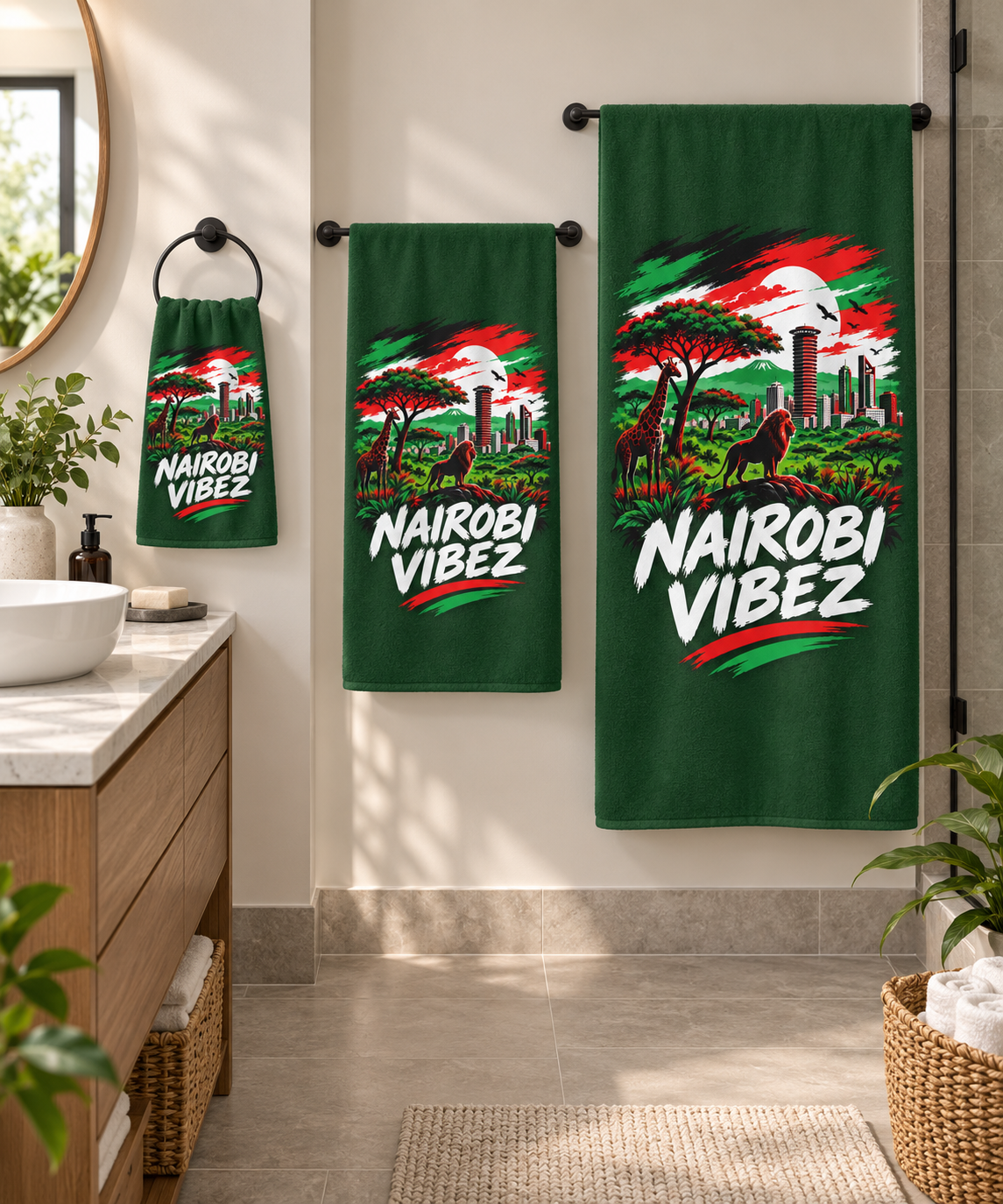 Nairobi Vibez Beach Towel | Kenya Safari Skyline, Giraffe & Lion Design