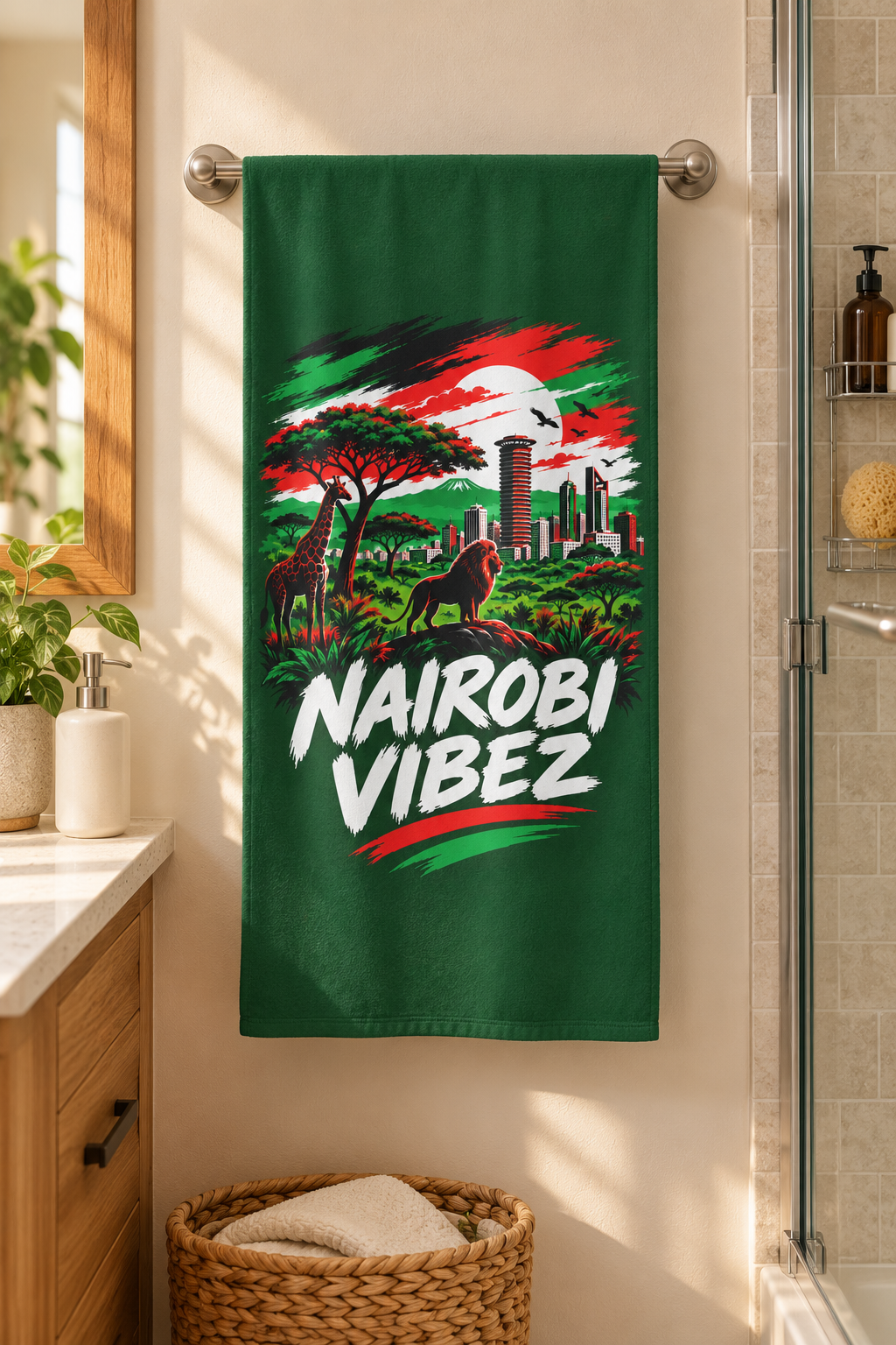 Nairobi Vibez Beach Towel | Kenya Safari Skyline, Giraffe & Lion Design