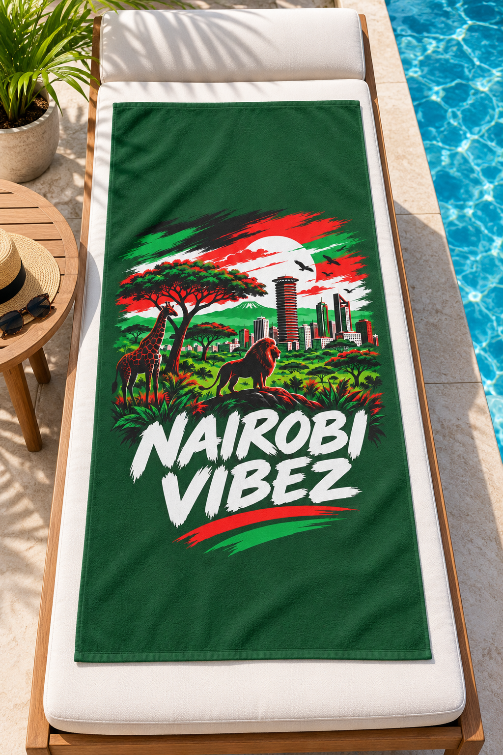 Nairobi Vibez Beach Towel | Kenya Safari Skyline, Giraffe & Lion Design