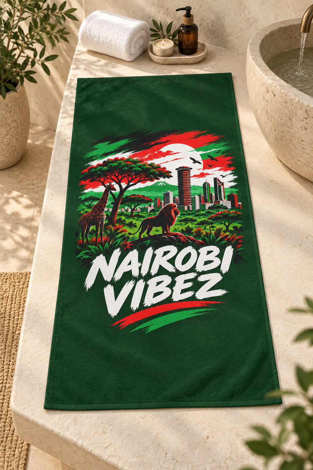 Nairobi Vibez Beach Towel | Kenya Safari Skyline, Giraffe & Lion Design