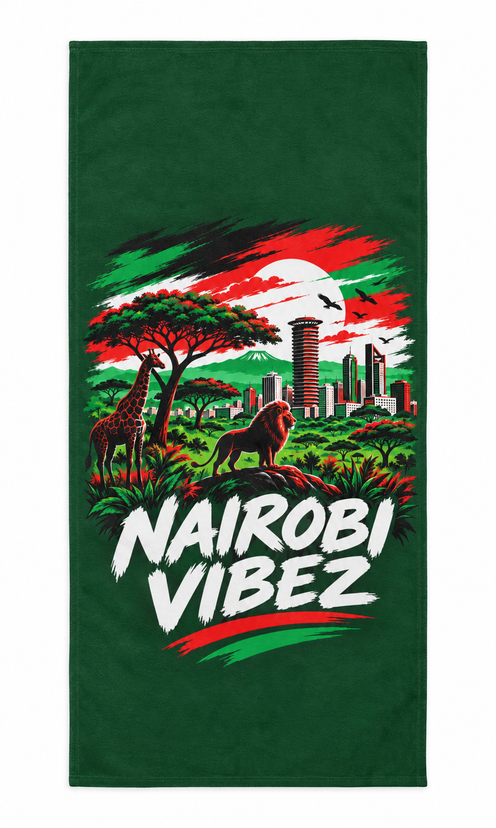 Nairobi Vibez Beach Towel | Kenya Safari Skyline, Giraffe & Lion Design