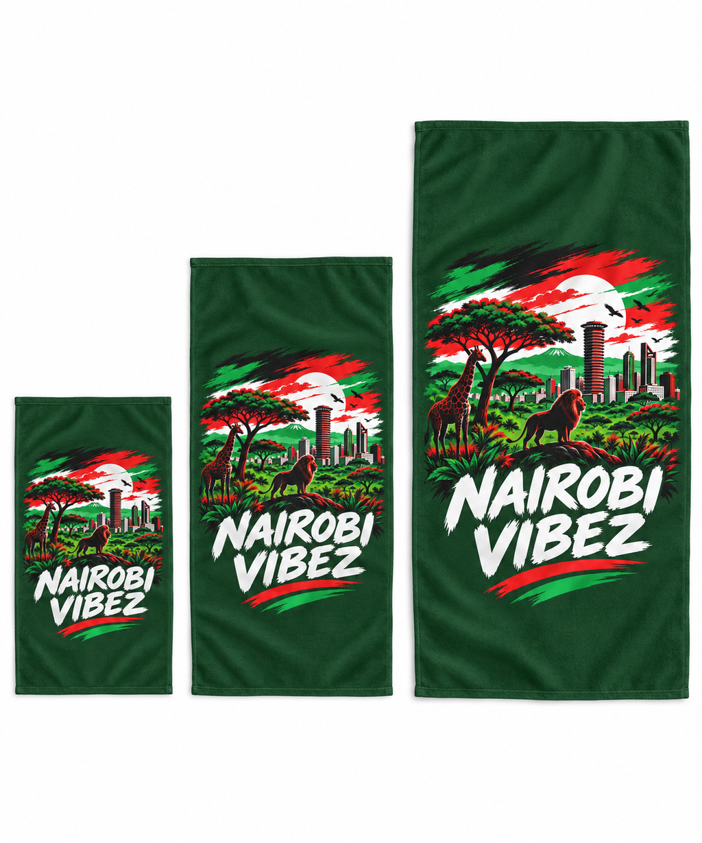Nairobi Vibez Beach Towel | Kenya Safari Skyline, Giraffe & Lion Design
