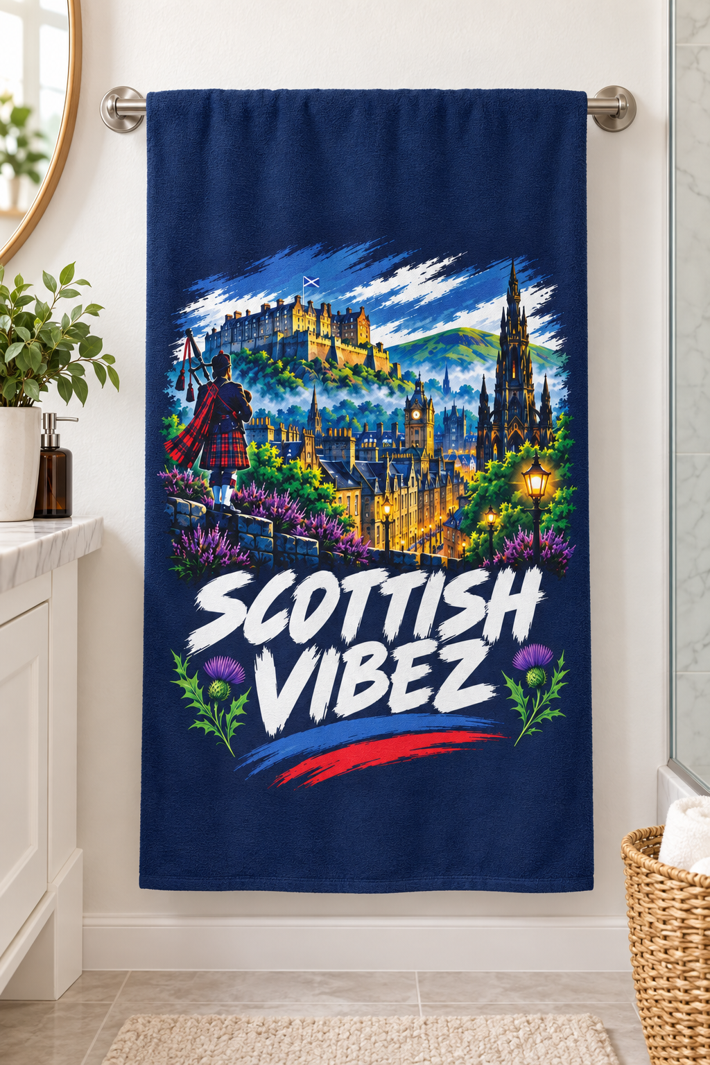 Scottish Vibez beach towel | Edinburgh skyline, thistle accents