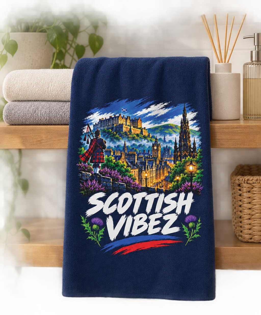 Scottish Vibez beach towel | Edinburgh skyline, thistle accents
