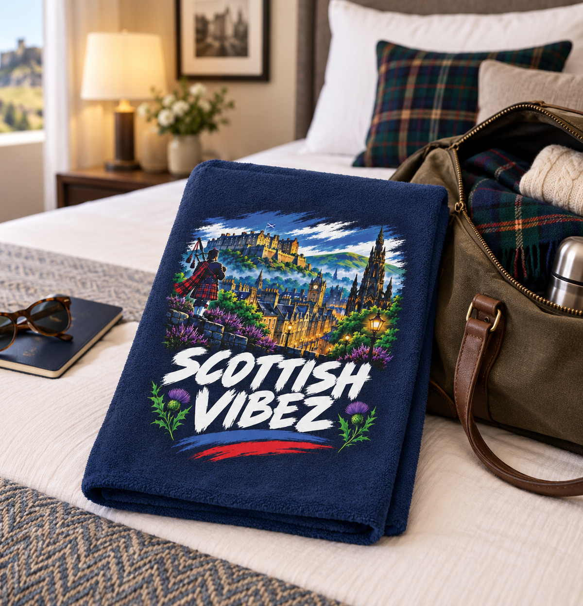 Scottish Vibez beach towel | Edinburgh skyline, thistle accents