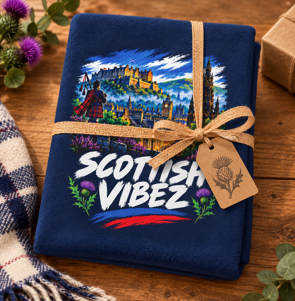 Scottish Vibez beach towel | Edinburgh skyline, thistle accents