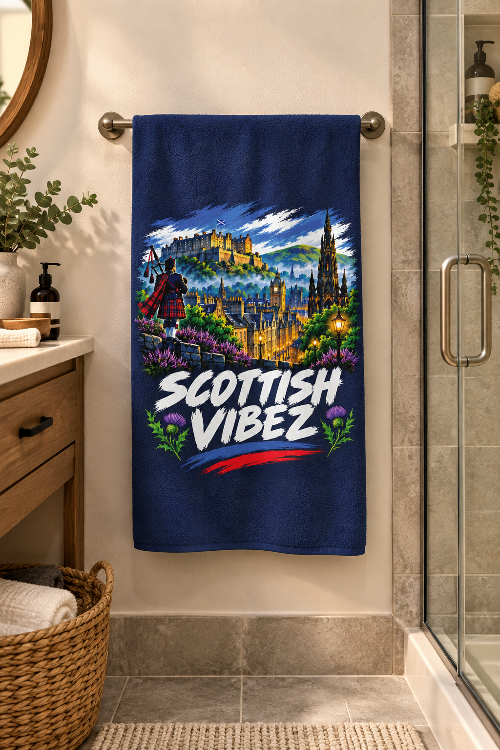 Scottish Vibez beach towel | Edinburgh skyline, thistle accents