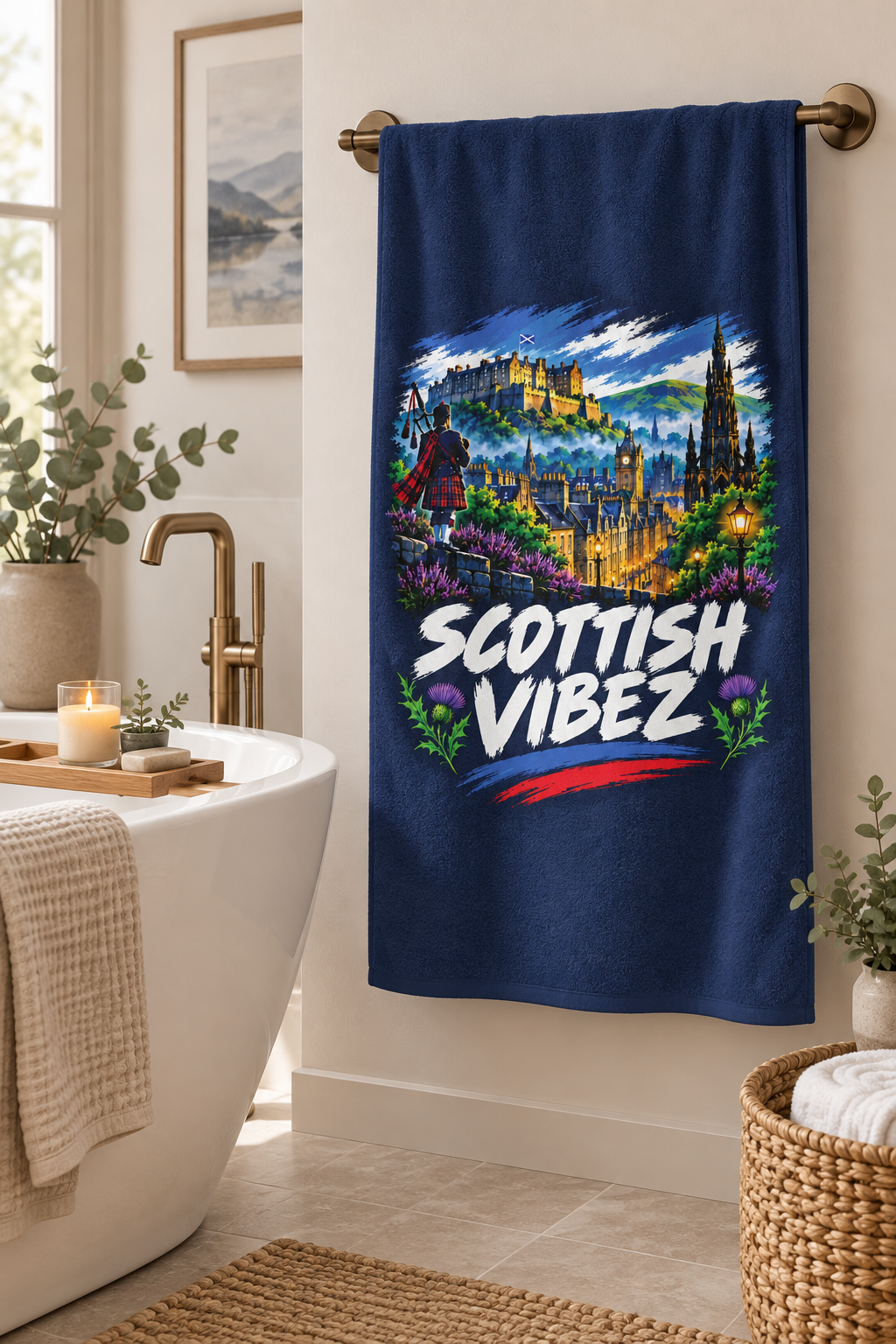 Scottish Vibez beach towel | Edinburgh skyline, thistle accents