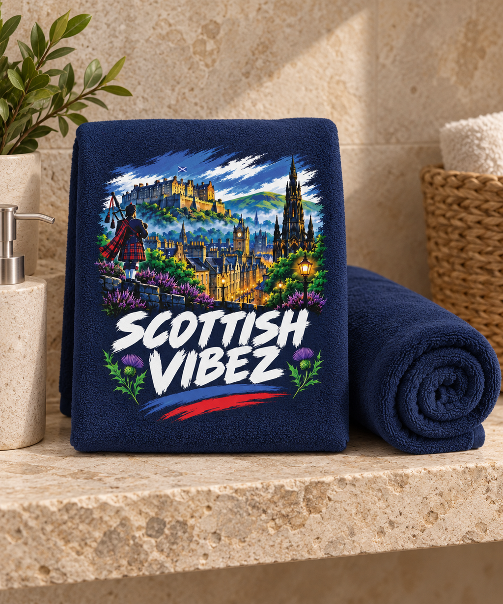 Scottish Vibez beach towel | Edinburgh skyline, thistle accents