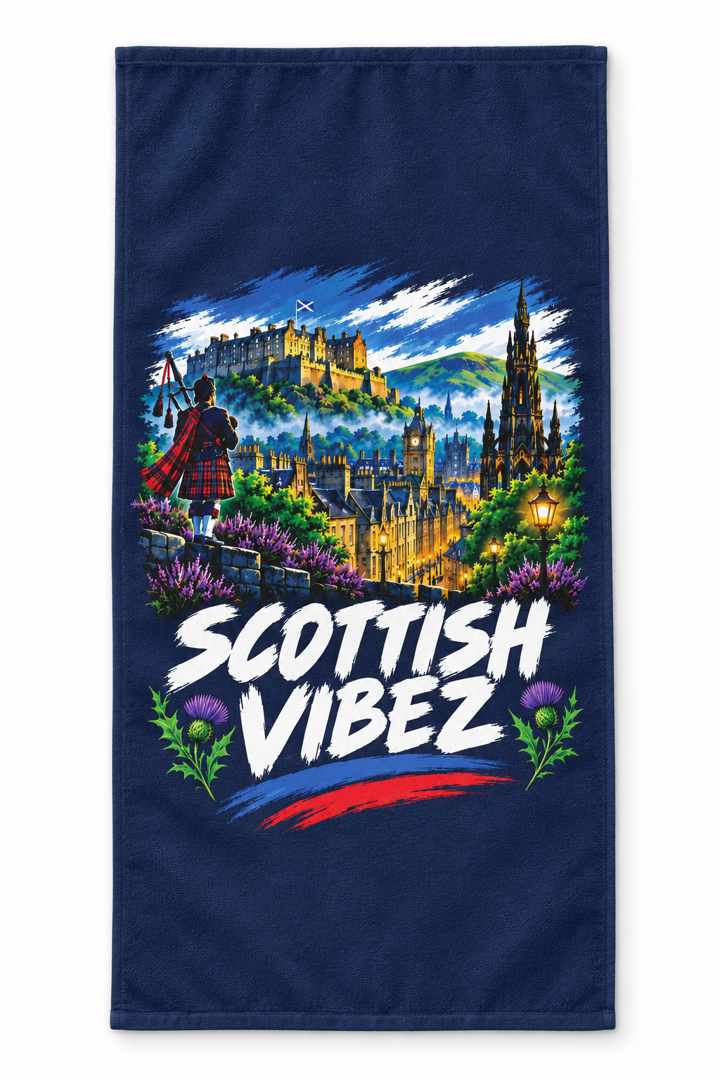 Scottish Vibez beach towel | Edinburgh skyline, thistle accents