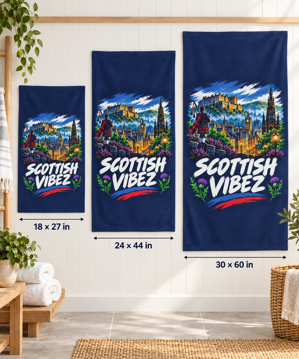 Scottish Vibez beach towel | Edinburgh skyline, thistle accents