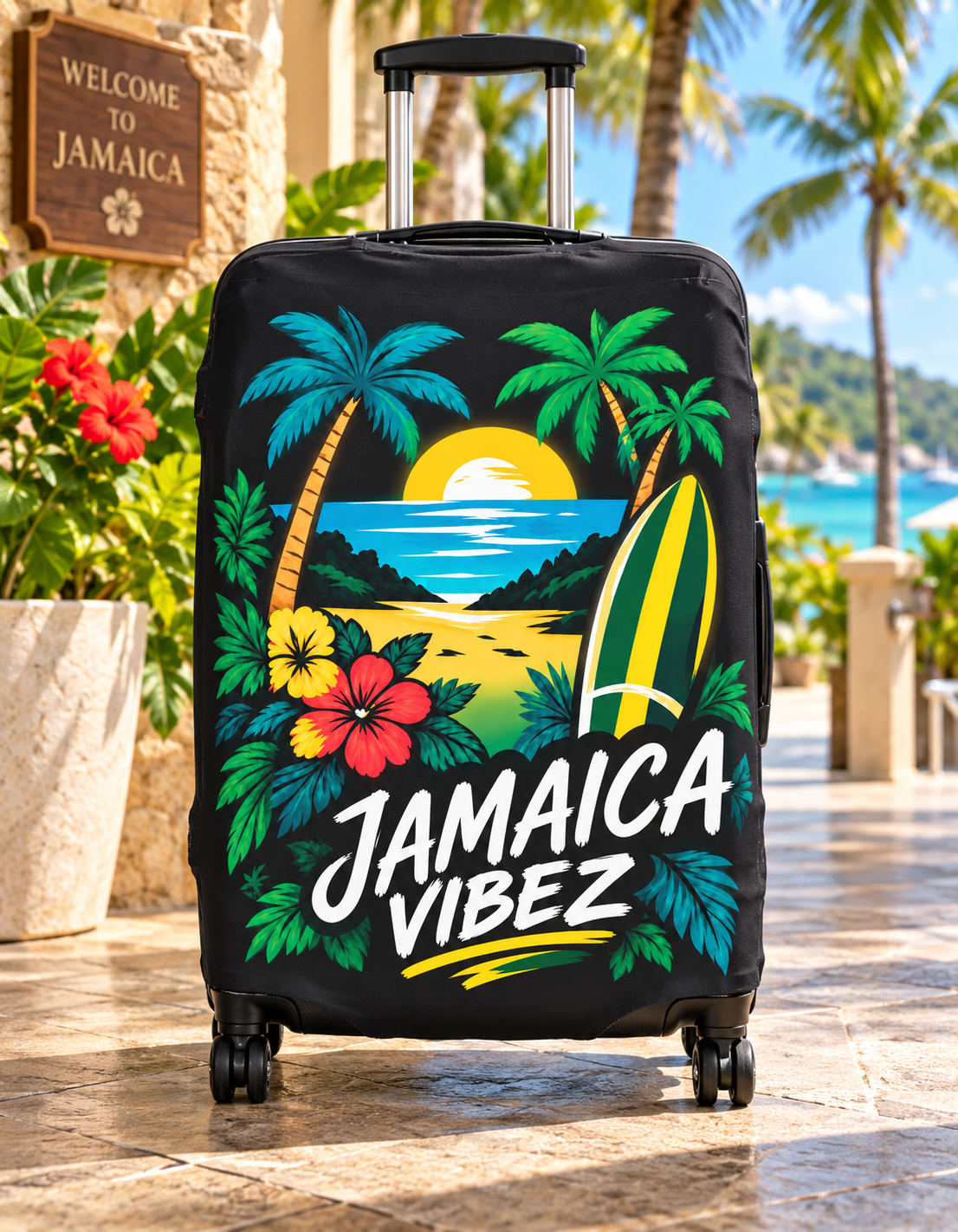 Jamaica Vibez Luggage Cover | Tropical Surf Sunset Palm Beach Design