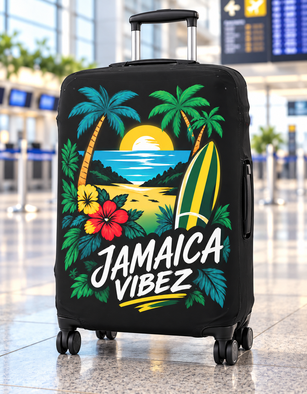 Jamaica Vibez Luggage Cover | Tropical Surf Sunset Palm Beach Design