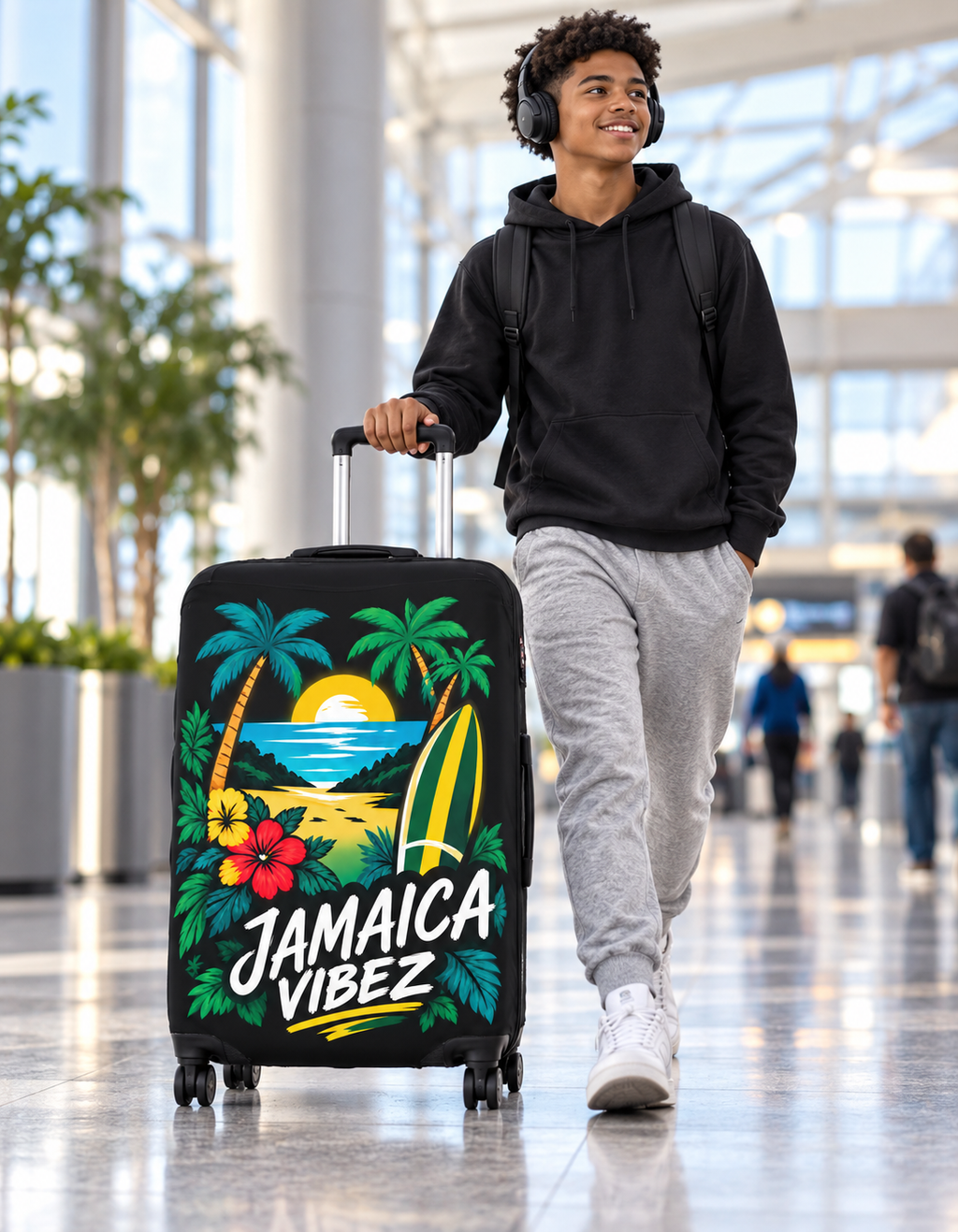 Jamaica Vibez Luggage Cover | Tropical Surf Sunset Palm Beach Design