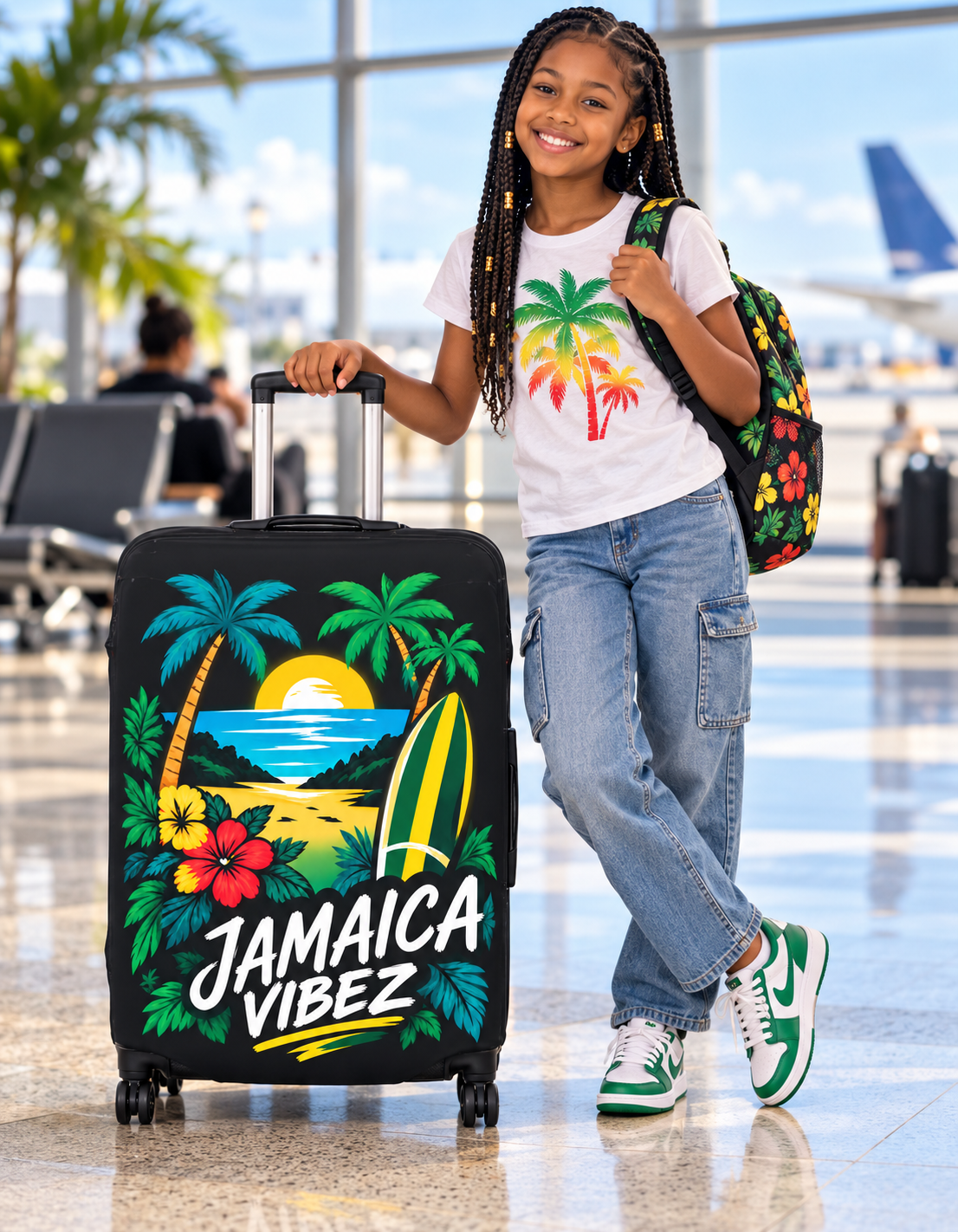 Jamaica Vibez Luggage Cover | Tropical Surf Sunset Palm Beach Design