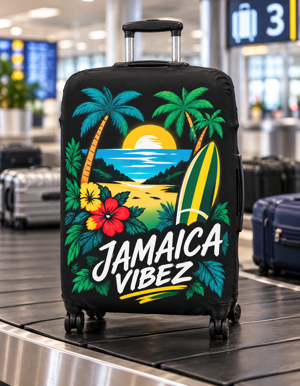 Jamaica Vibez Luggage Cover | Tropical Surf Sunset Palm Beach Design