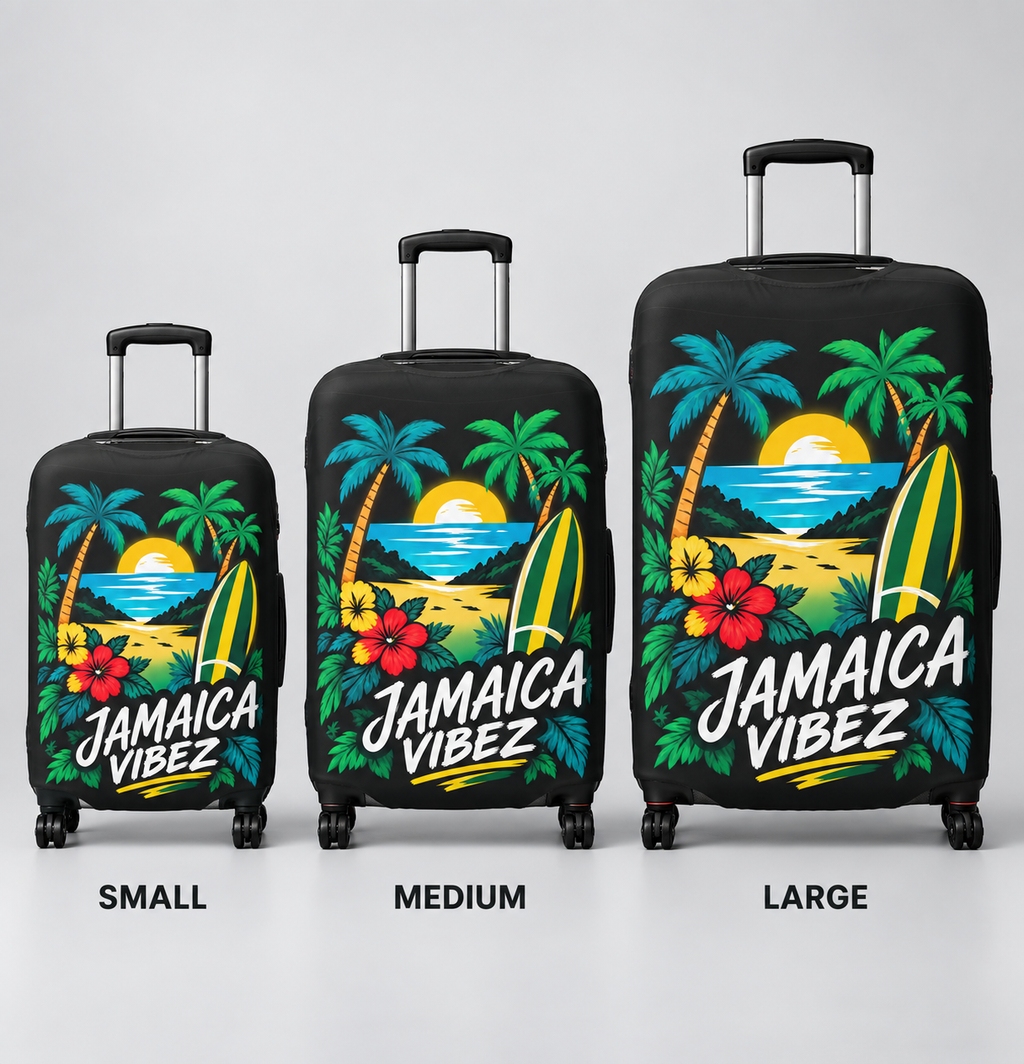 Jamaica Vibez Luggage Cover | Tropical Surf Sunset Palm Beach Design