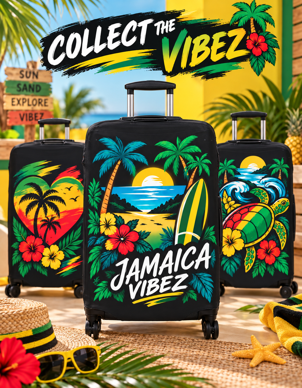 Jamaica Vibez Luggage Cover | Tropical Surf Sunset Palm Beach Design