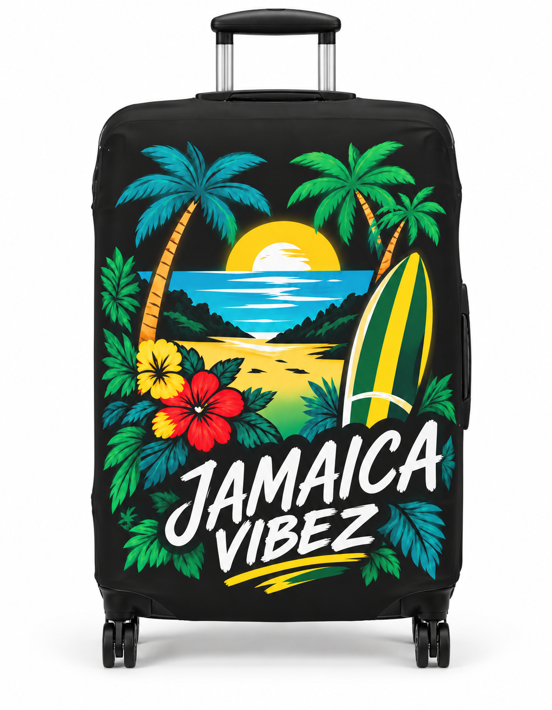 Jamaica Vibez Luggage Cover | Tropical Surf Sunset Palm Beach Design