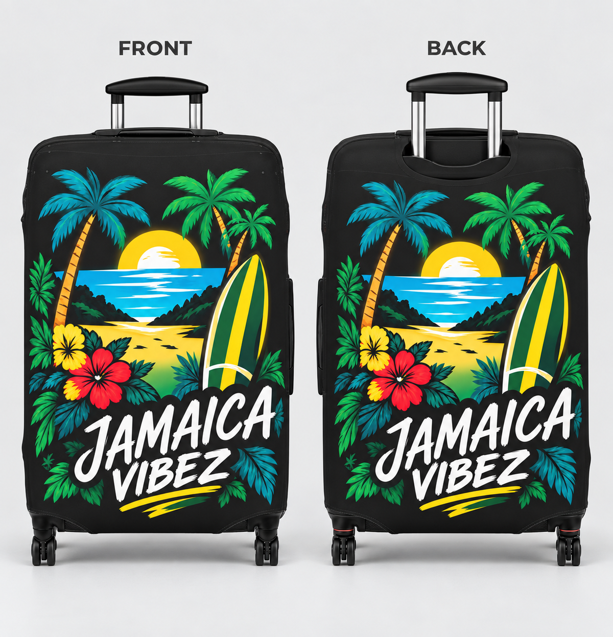 Jamaica Vibez Luggage Cover | Tropical Surf Sunset Palm Beach Design
