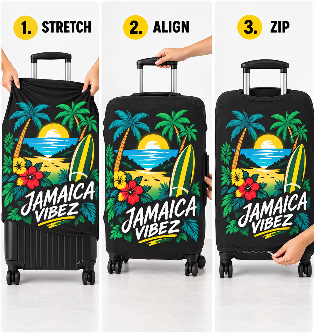 Jamaica Vibez Luggage Cover | Tropical Surf Sunset Palm Beach Design