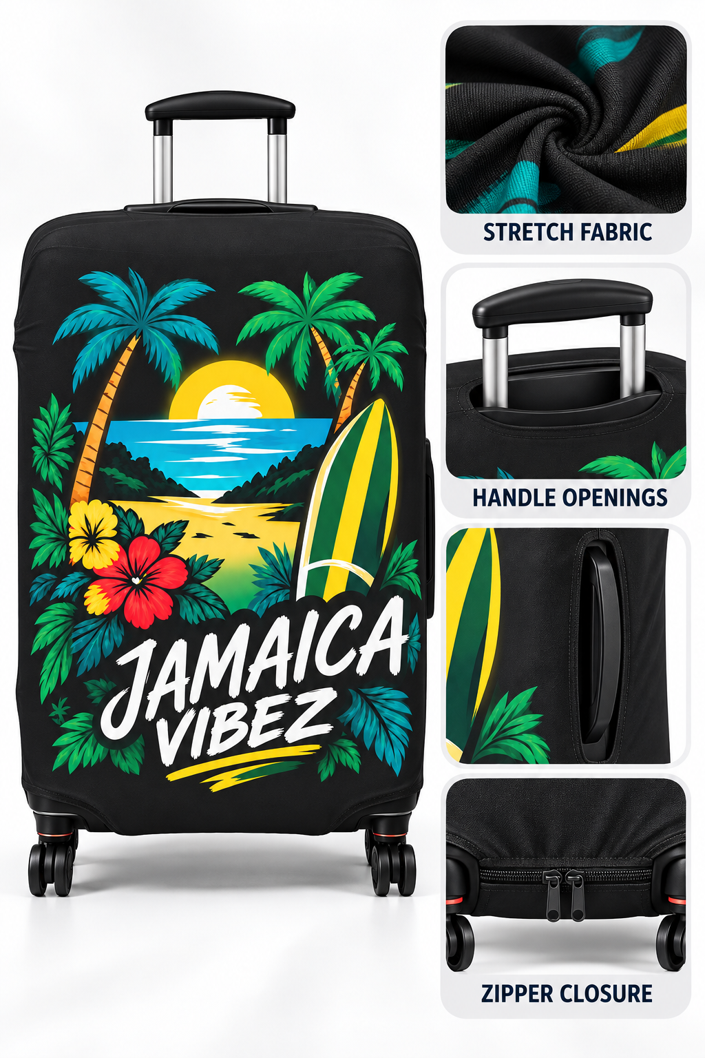 Jamaica Vibez Luggage Cover | Tropical Surf Sunset Palm Beach Design
