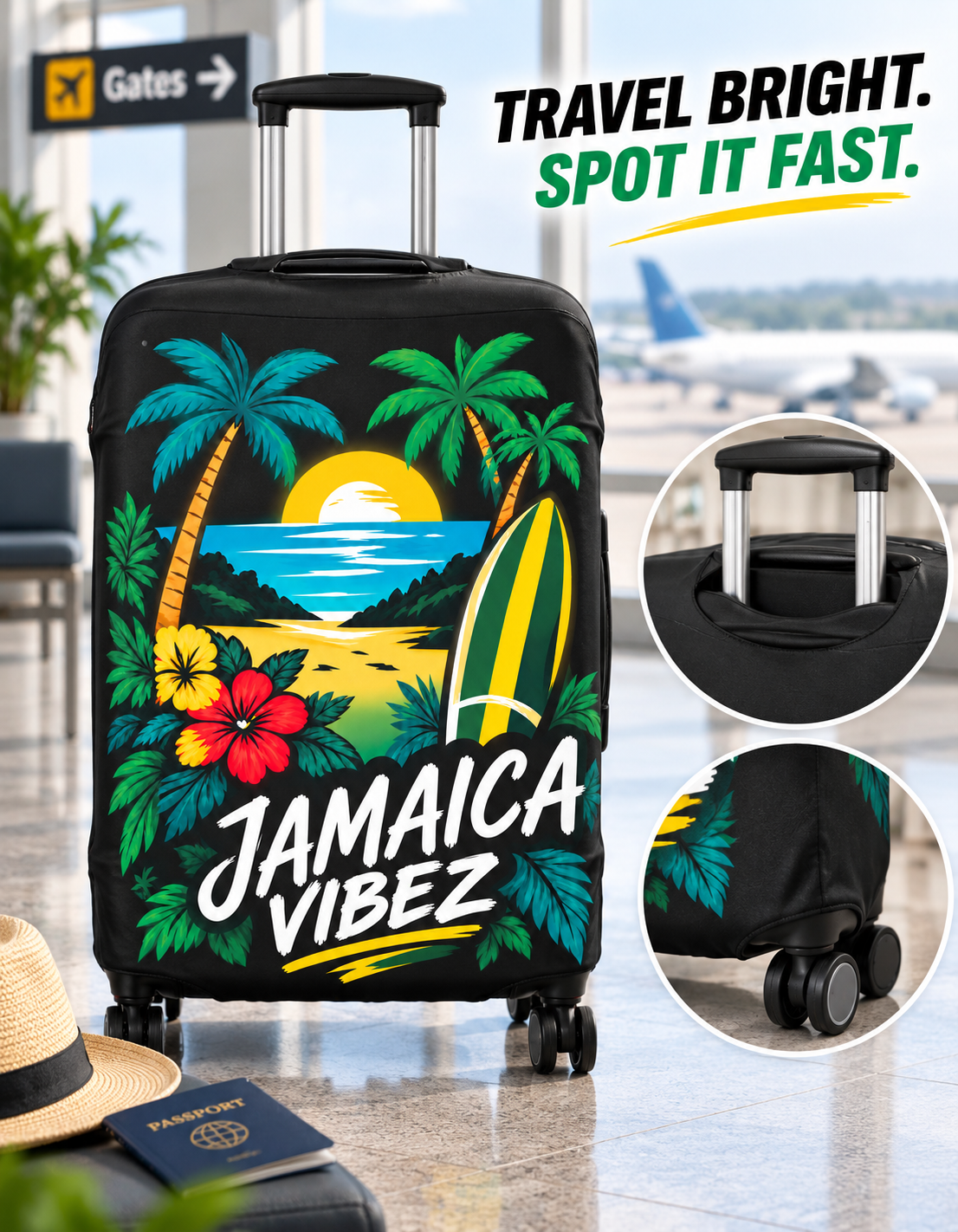 Jamaica Vibez Luggage Cover | Tropical Surf Sunset Palm Beach Design