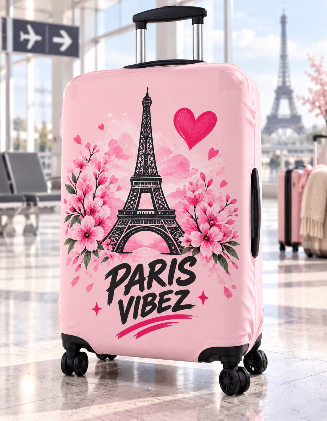 Paris Vibez Luggage Cover | Eiffel Tower Floral Pink
