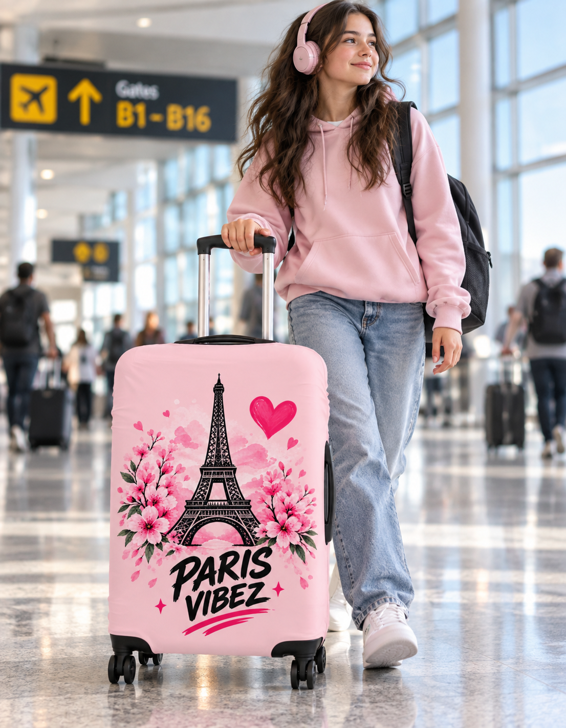 Paris Vibez Luggage Cover | Eiffel Tower Floral Pink