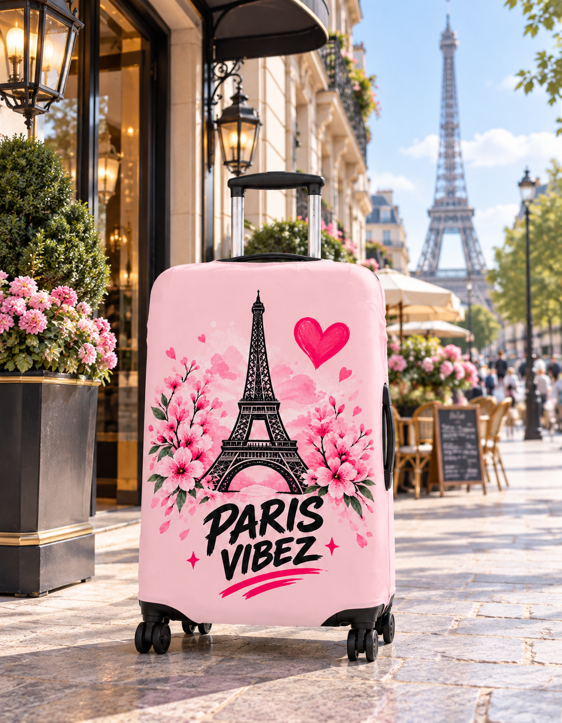 Paris Vibez Luggage Cover | Eiffel Tower Floral Pink