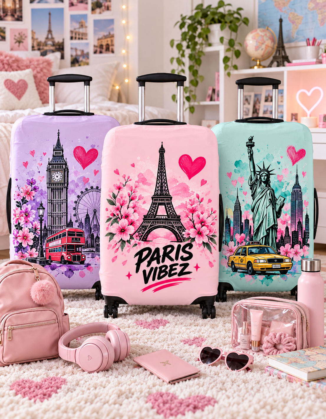 Paris Vibez Luggage Cover | Eiffel Tower Floral Pink