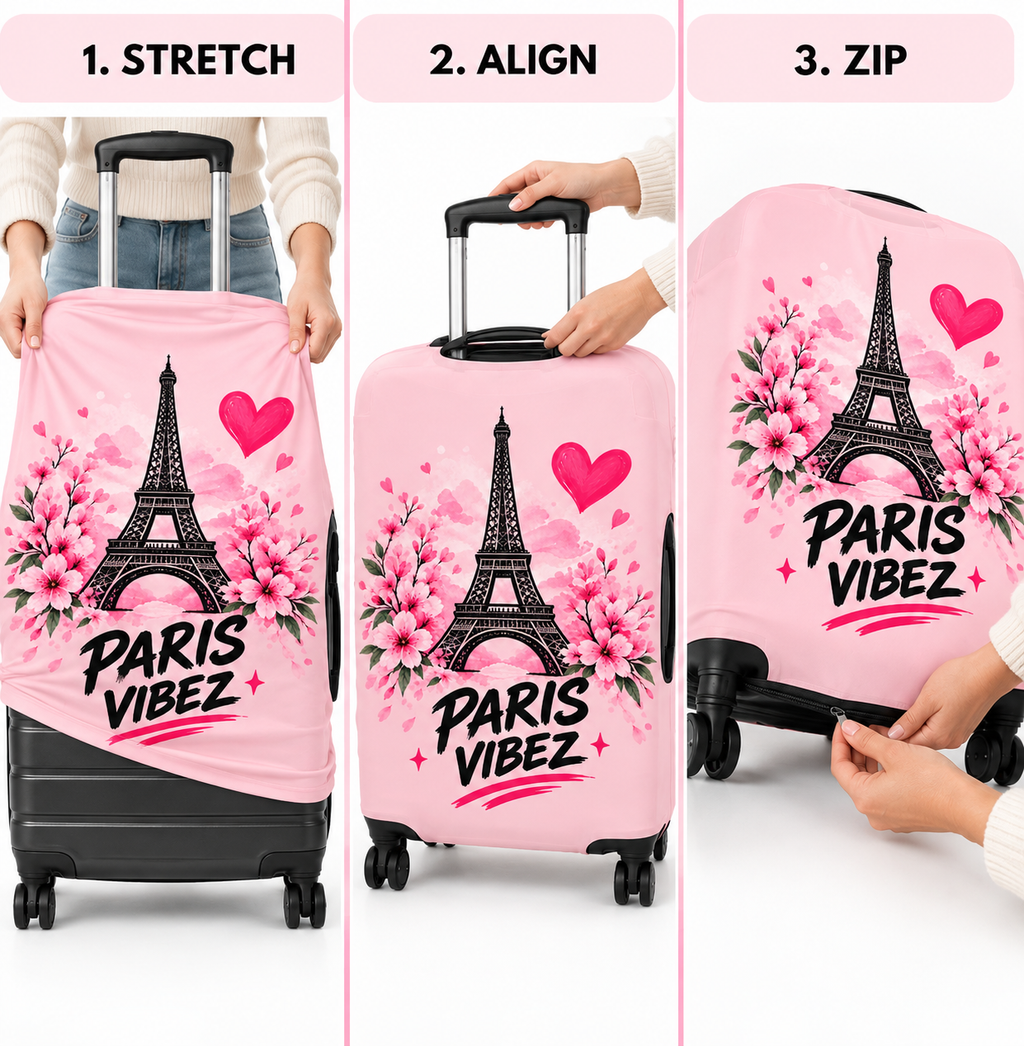 Paris Vibez Luggage Cover | Eiffel Tower Floral Pink