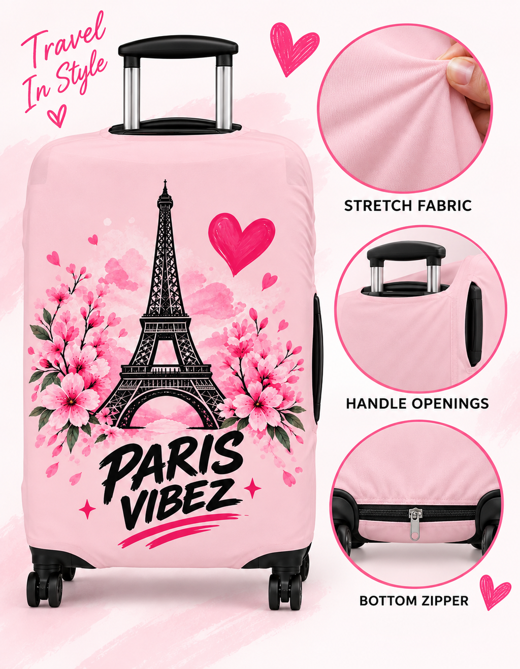 Paris Vibez Luggage Cover | Eiffel Tower Floral Pink