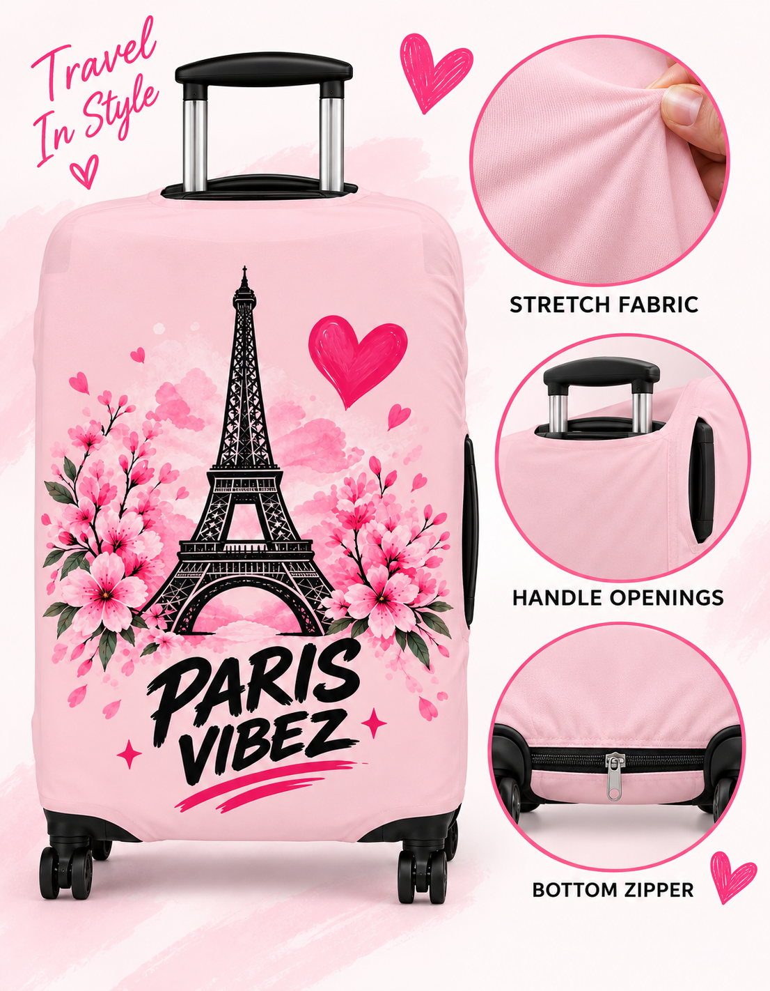 Paris Vibez Luggage Cover | Eiffel Tower Floral Pink