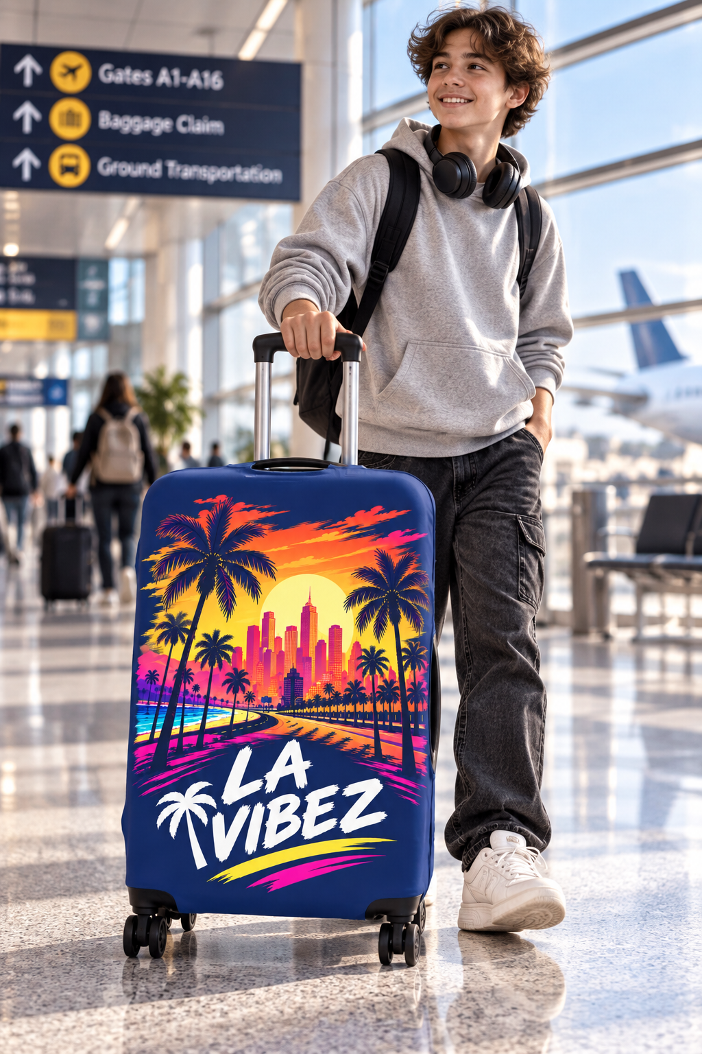 LA Vibez Luggage Cover | Palm Trees Sunset City Skyline