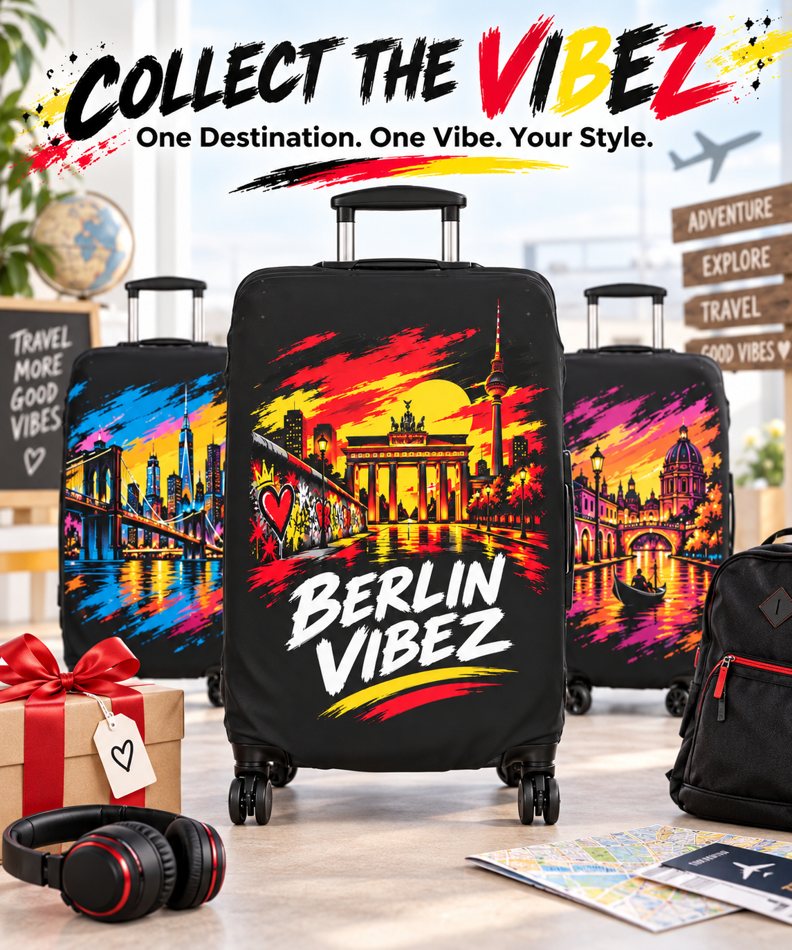 Berlin Vibez Luggage Cover | Brandenburg Gate Skyline Suitcase Protector