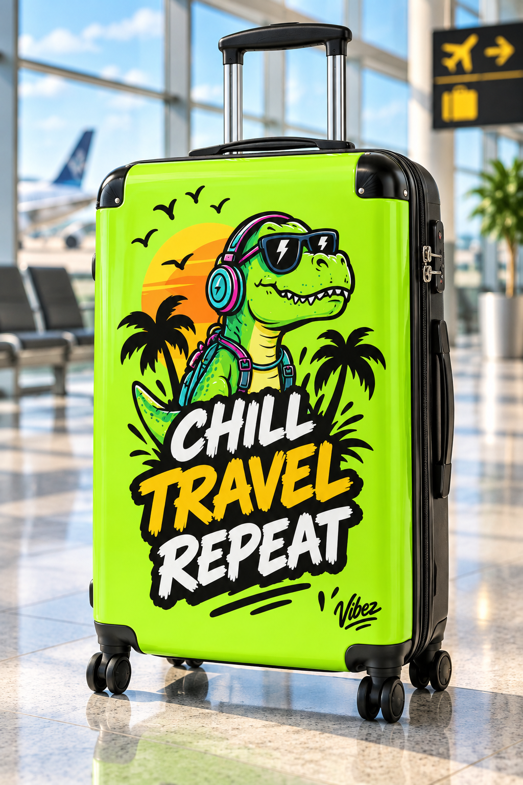 Chill Travel Repeat dinosaur suitcase | hardshell luggage, tropical design