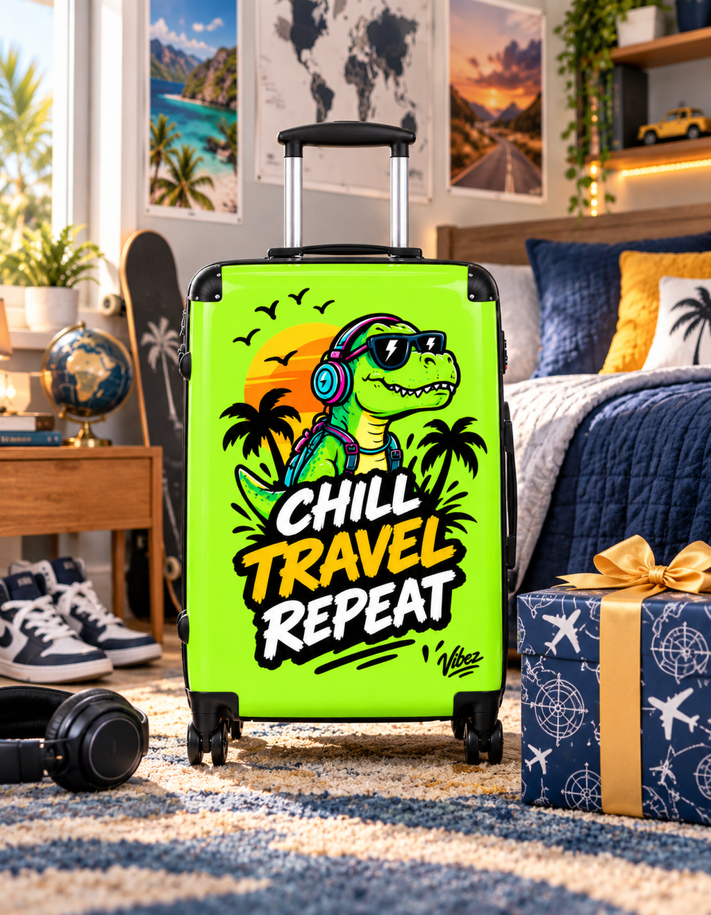 Chill Travel Repeat dinosaur suitcase | hardshell luggage, tropical design