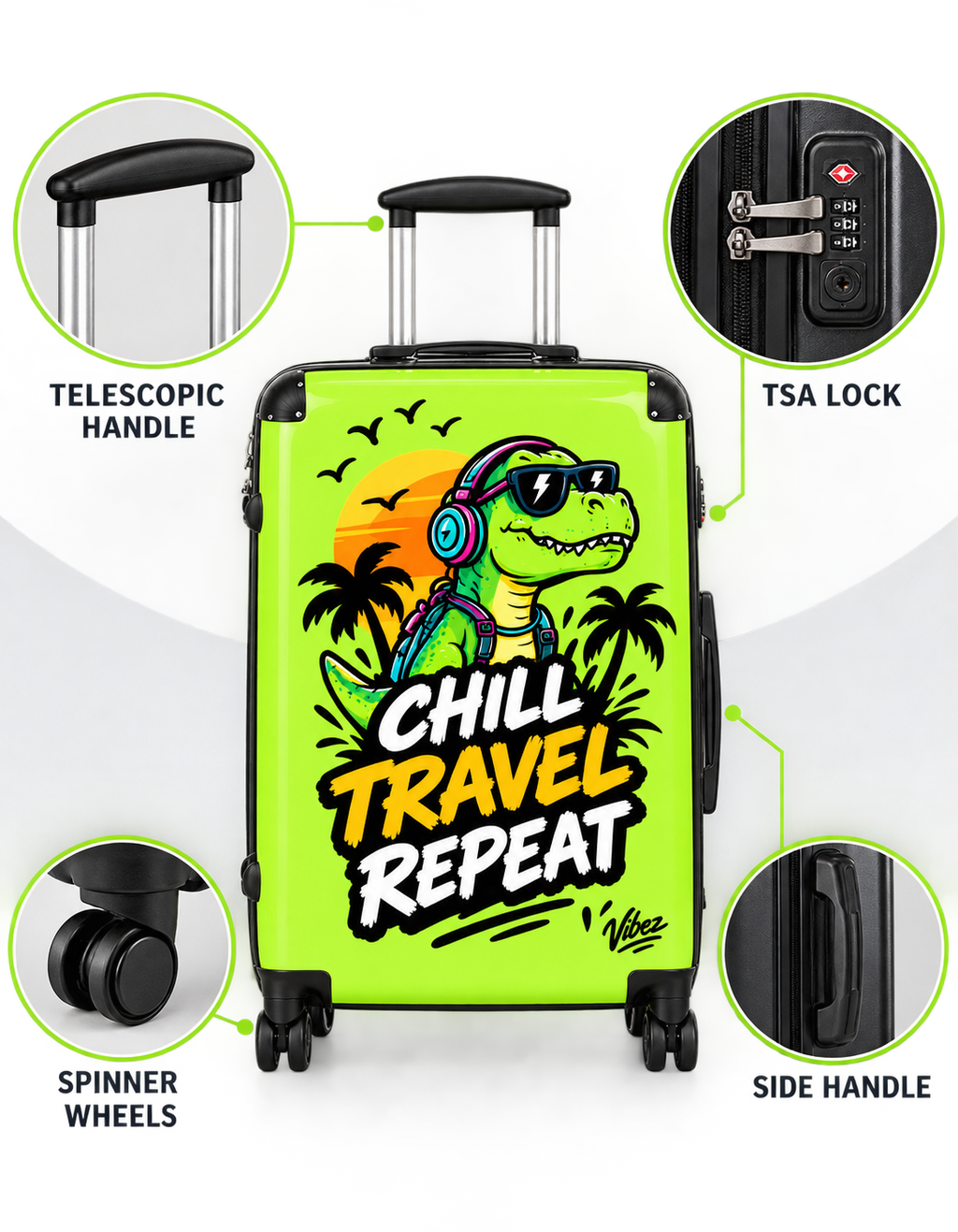 Chill Travel Repeat dinosaur suitcase | hardshell luggage, tropical design