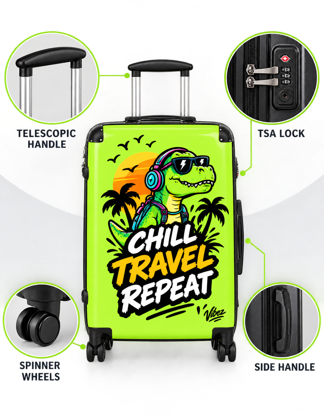 Chill Travel Repeat dinosaur suitcase | hardshell luggage, tropical design