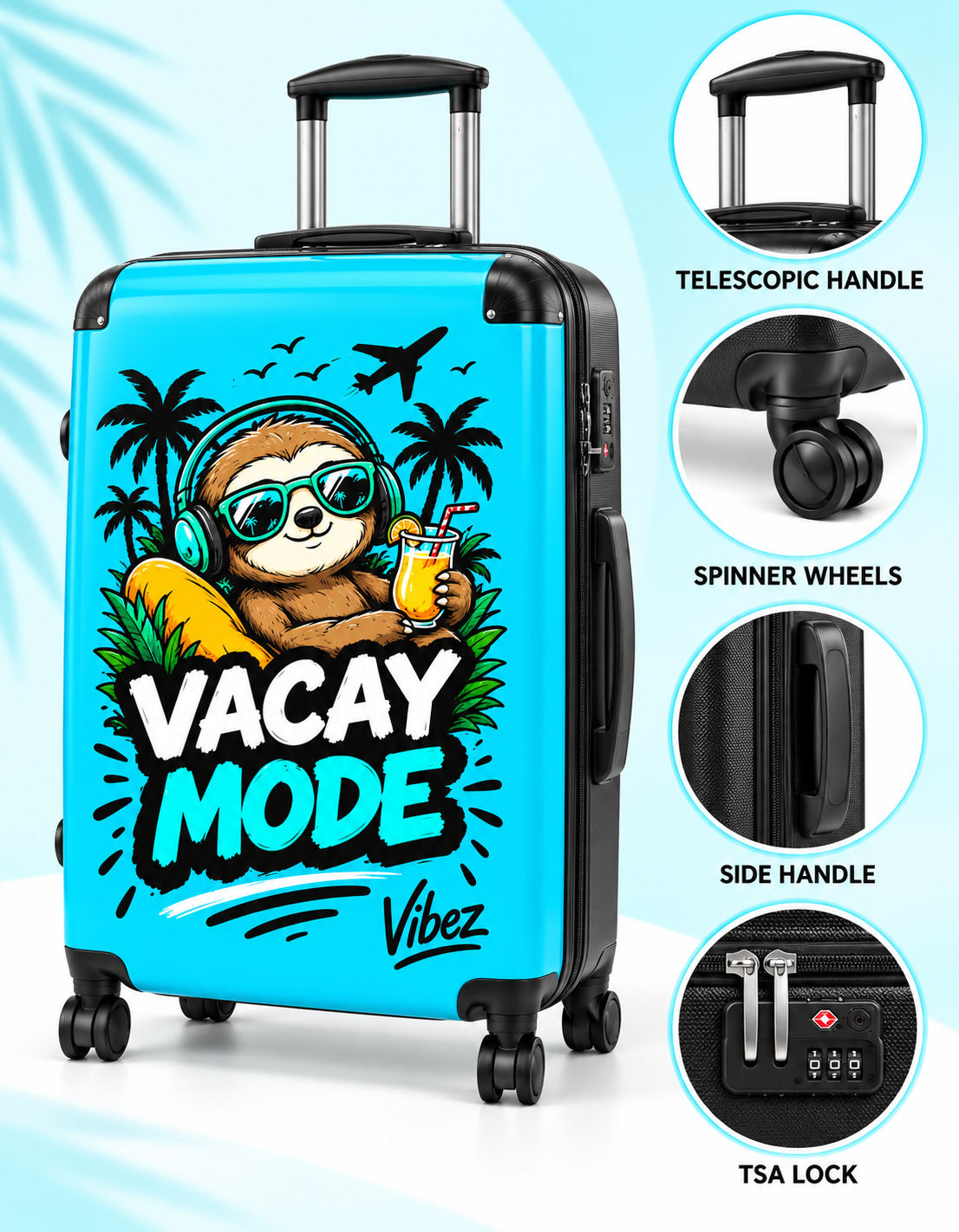Vacay Mode Sloth Suitcase | Travel Luggage, Tropical Beach Design