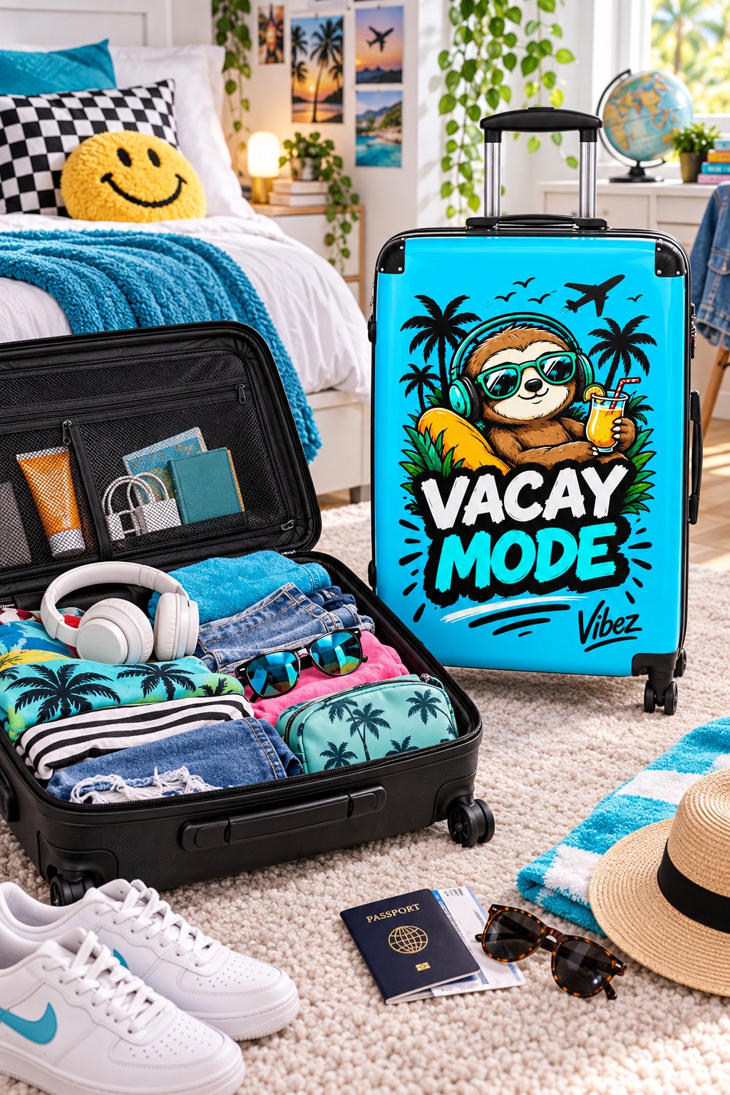 Vacay Mode Sloth Suitcase | Travel Luggage, Tropical Beach Design
