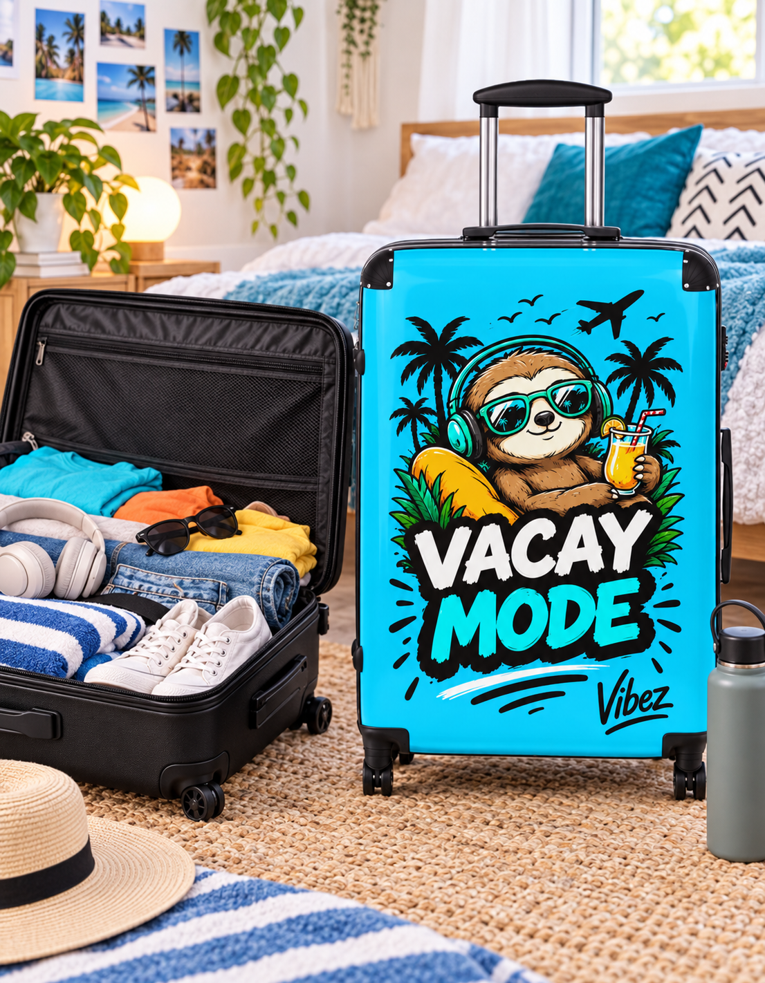 Vacay Mode Sloth Suitcase | Travel Luggage, Tropical Beach Design