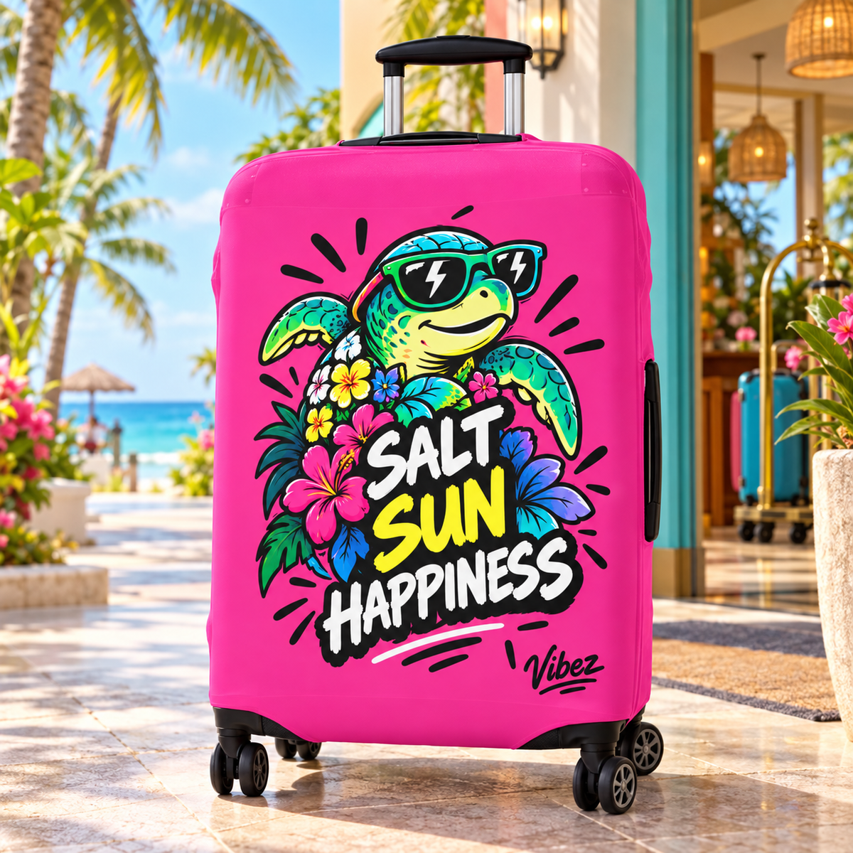 Salt Sun Happiness turtle luggage cover | bright pink tropical travel accessory