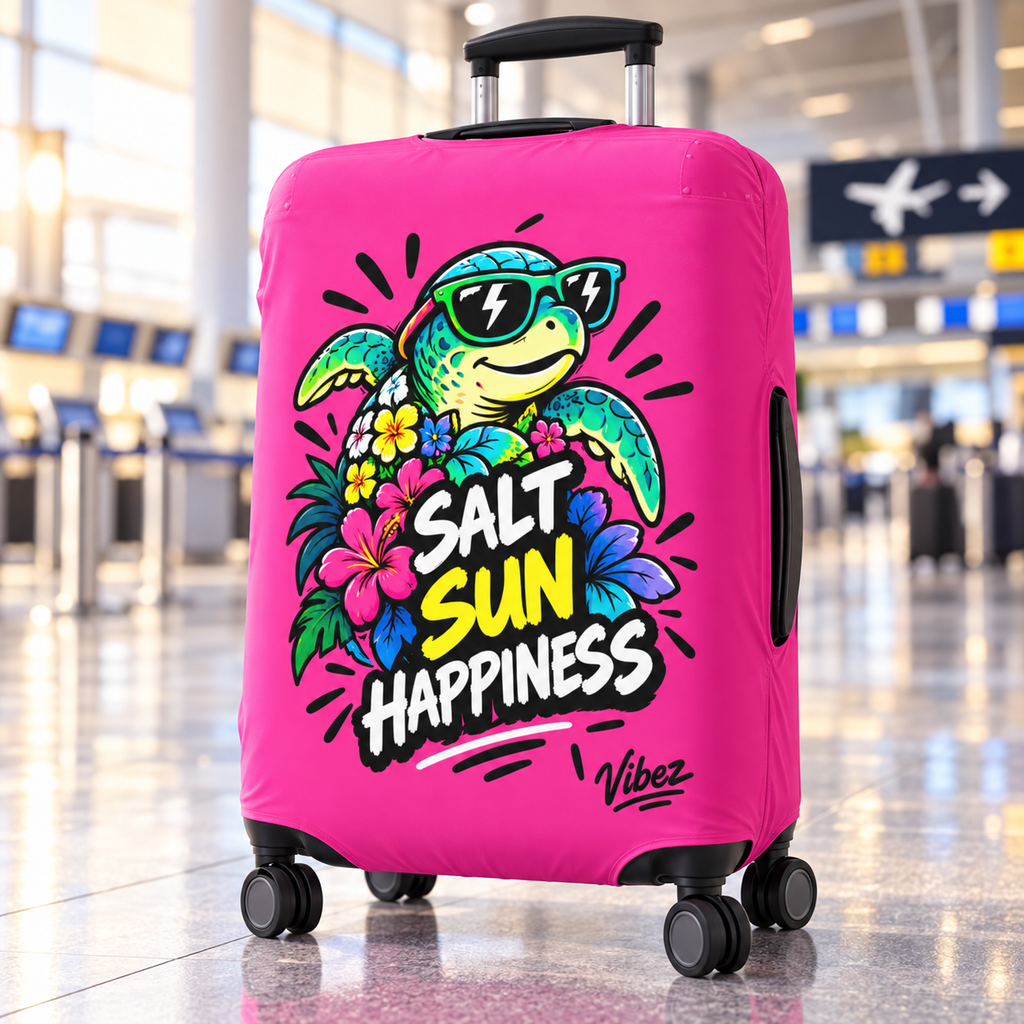 Salt Sun Happiness turtle luggage cover | bright pink tropical travel accessory