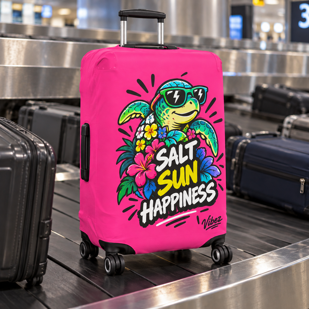 Salt Sun Happiness turtle luggage cover | bright pink tropical travel accessory