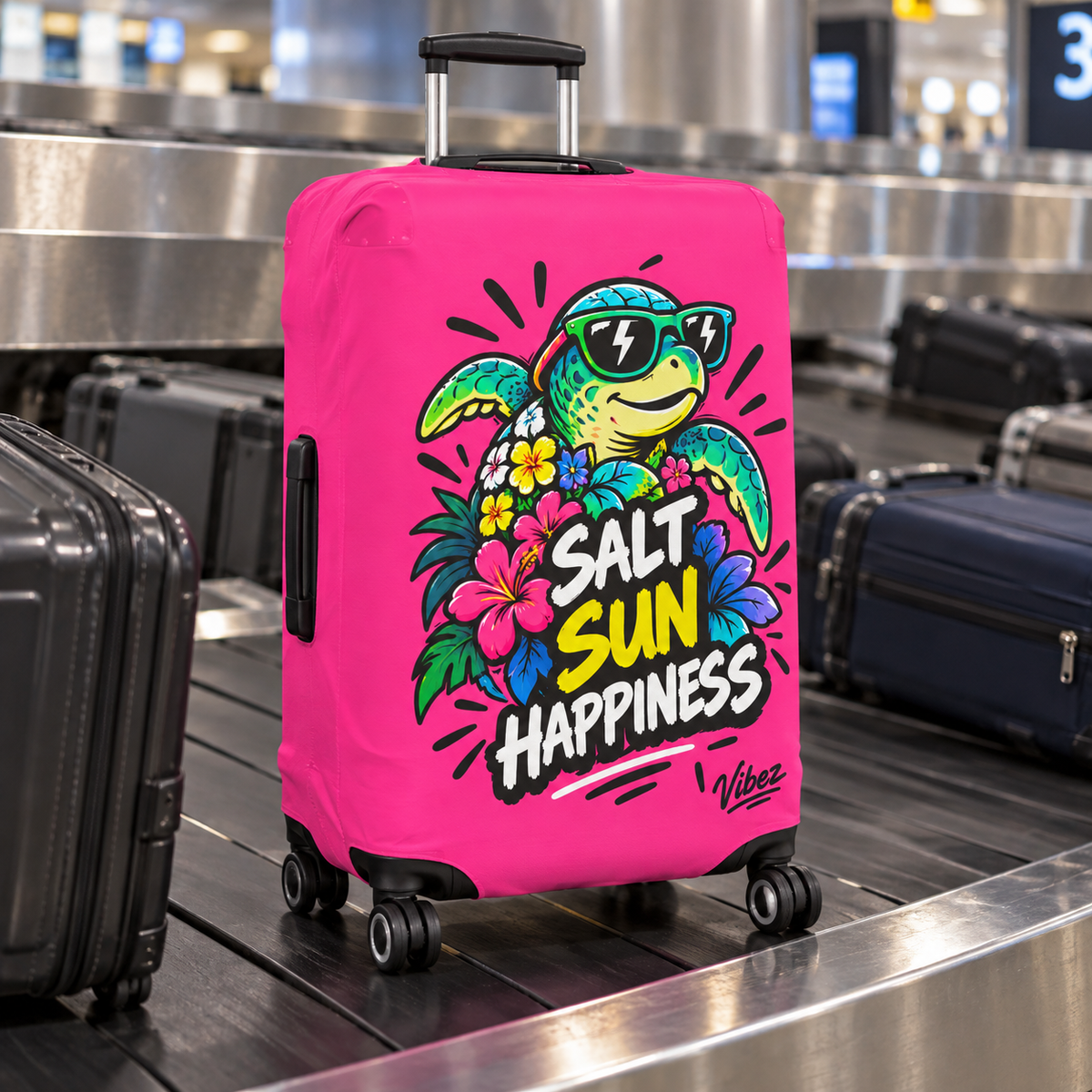 Salt Sun Happiness turtle luggage cover | bright pink tropical travel accessory