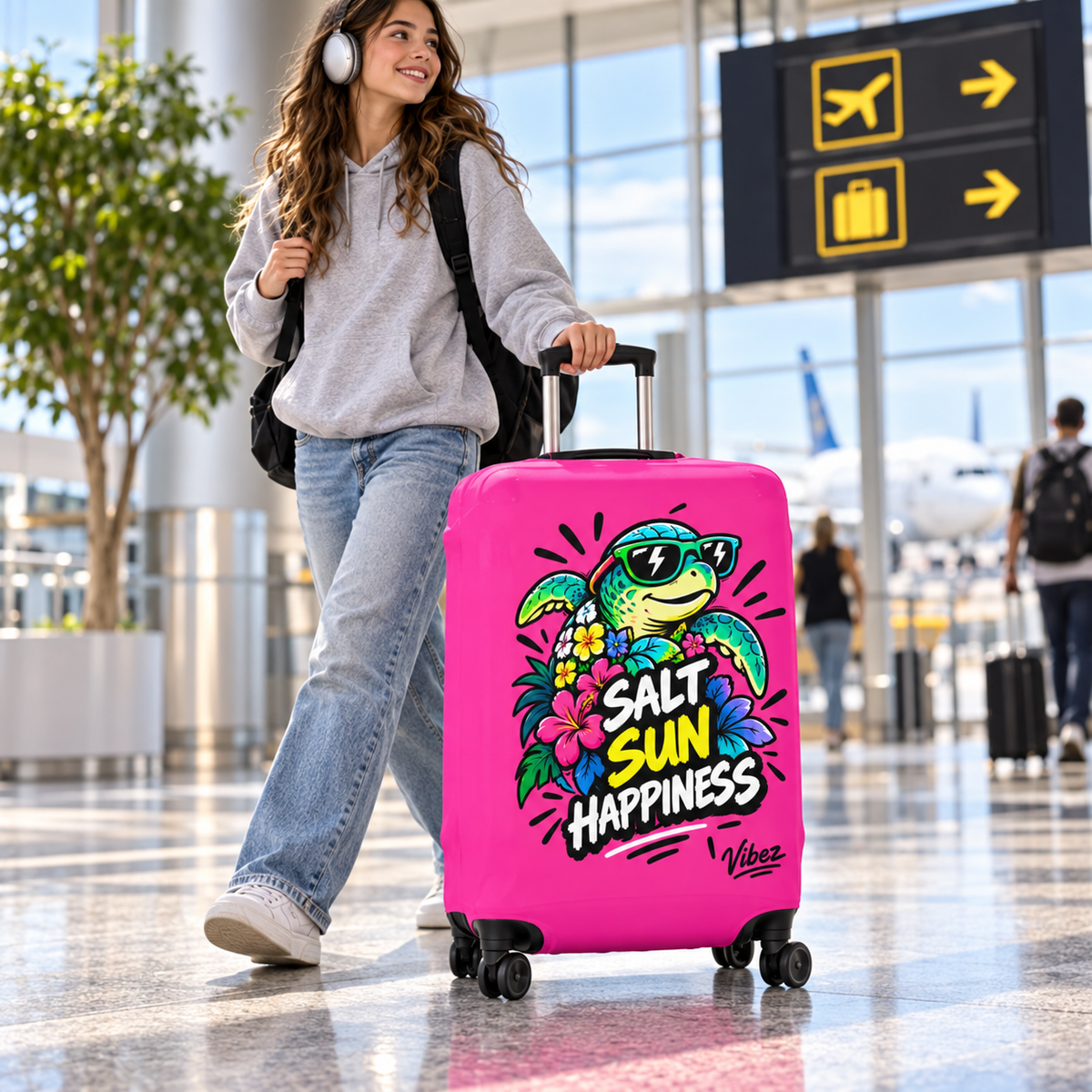 Salt Sun Happiness turtle luggage cover | bright pink tropical travel accessory